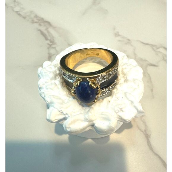 Vintage 18kt Gold Electroplated Lapis Lazuli & CZ Ring - Picture 3 of 4